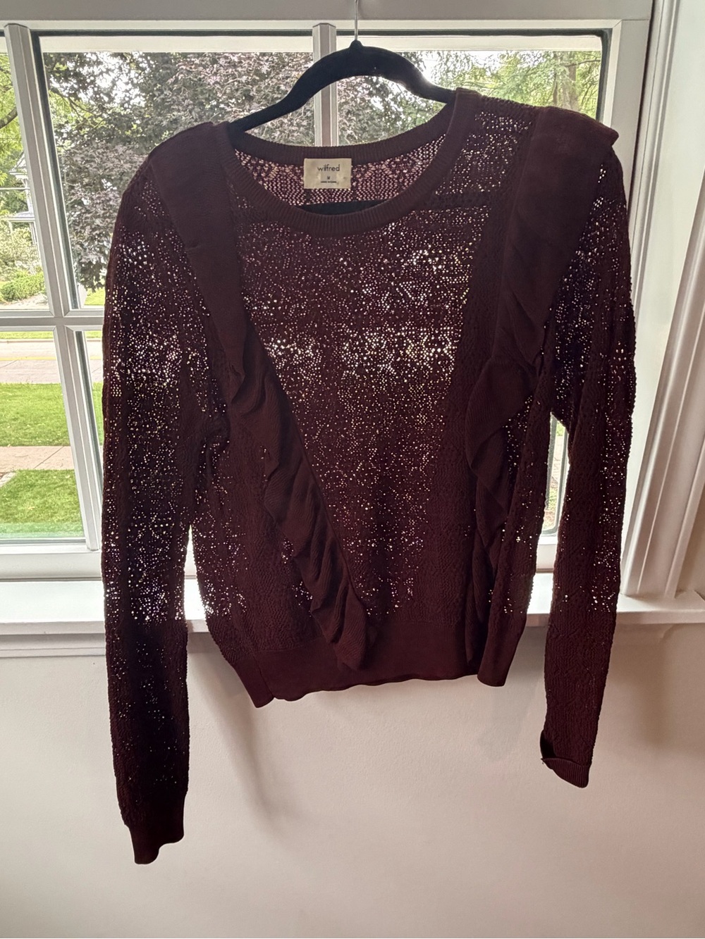 Wilfred Open-Knit Ruffle Sweater in Dark Brown